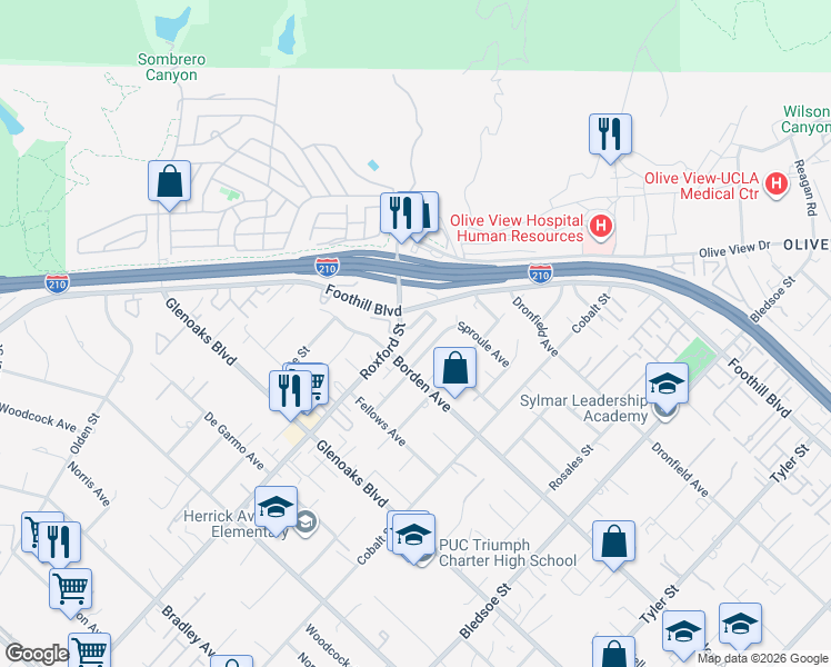 map of restaurants, bars, coffee shops, grocery stores, and more near 15022 Roxford Place in Los Angeles