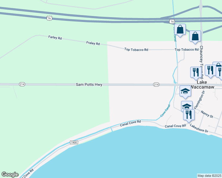map of restaurants, bars, coffee shops, grocery stores, and more near 7980 Sam Potts Highway in Lake Waccamaw