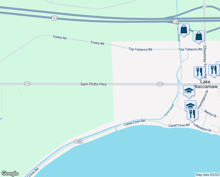 map of restaurants, bars, coffee shops, grocery stores, and more near 7934 Sam Potts Highway in Lake Waccamaw