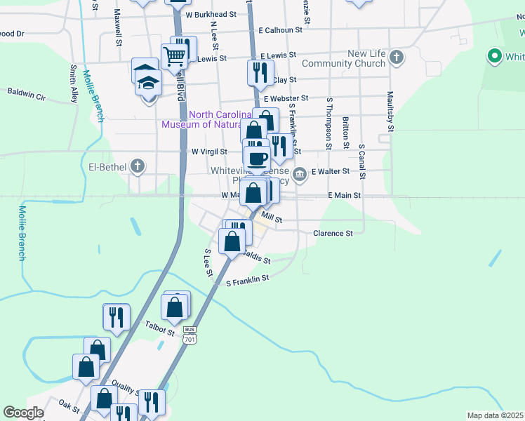 map of restaurants, bars, coffee shops, grocery stores, and more near 718 South Madison Street in Whiteville