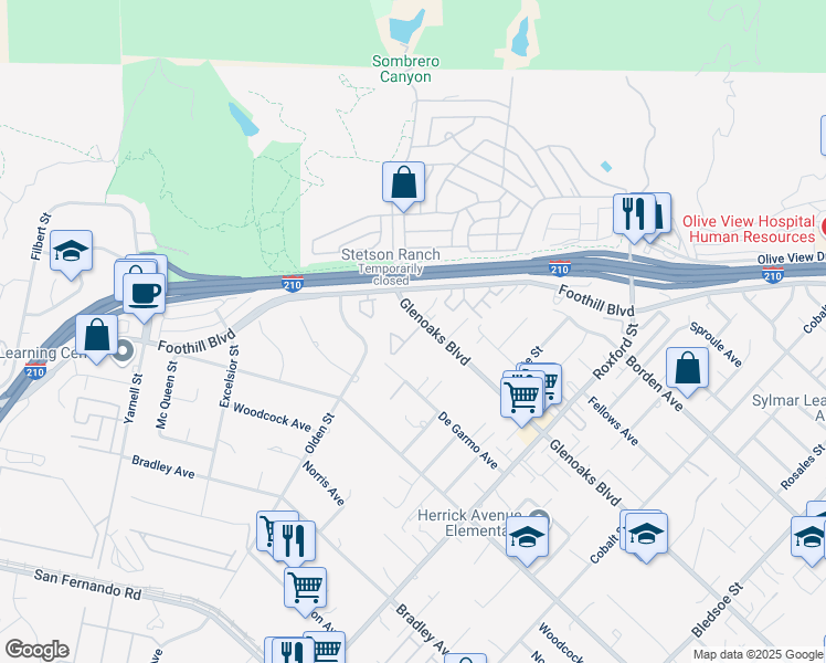map of restaurants, bars, coffee shops, grocery stores, and more near 13775 Glenoaks Boulevard in Los Angeles