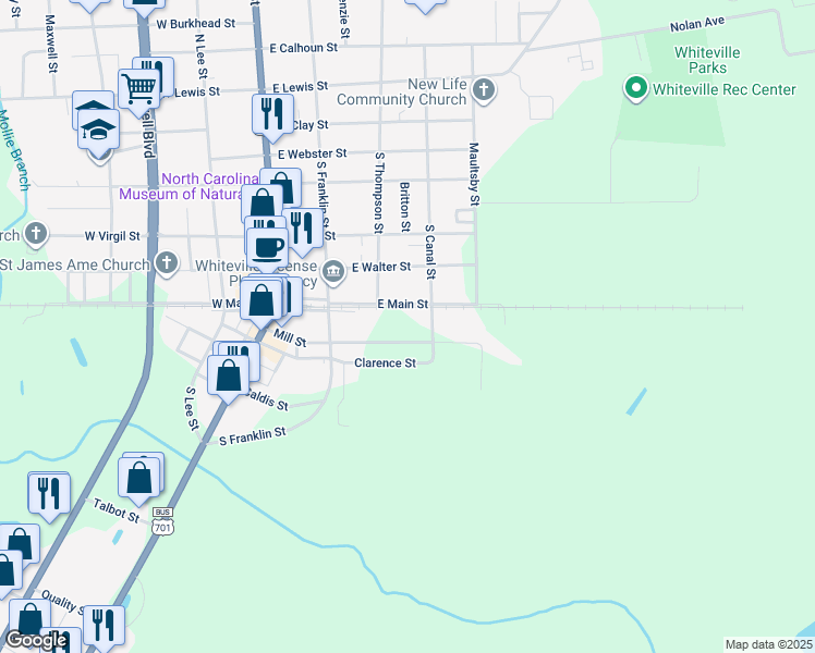 map of restaurants, bars, coffee shops, grocery stores, and more near 704 South Canal Street in Whiteville