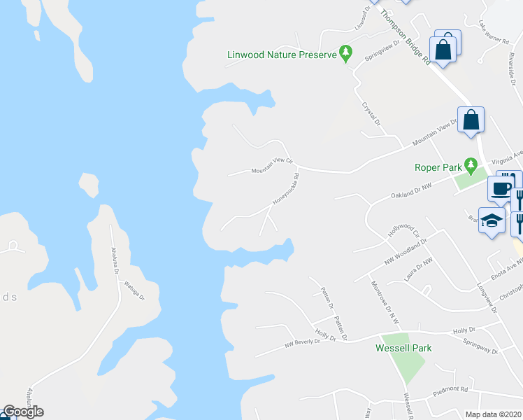 map of restaurants, bars, coffee shops, grocery stores, and more near 680 Honeysuckle Lane in Gainesville
