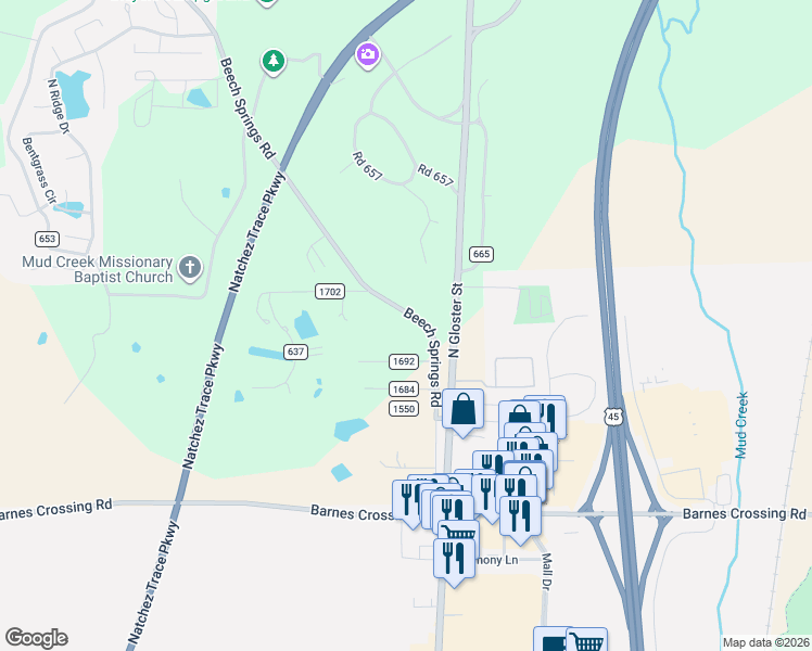 map of restaurants, bars, coffee shops, grocery stores, and more near 1301 Beech Springs Road in Saltillo