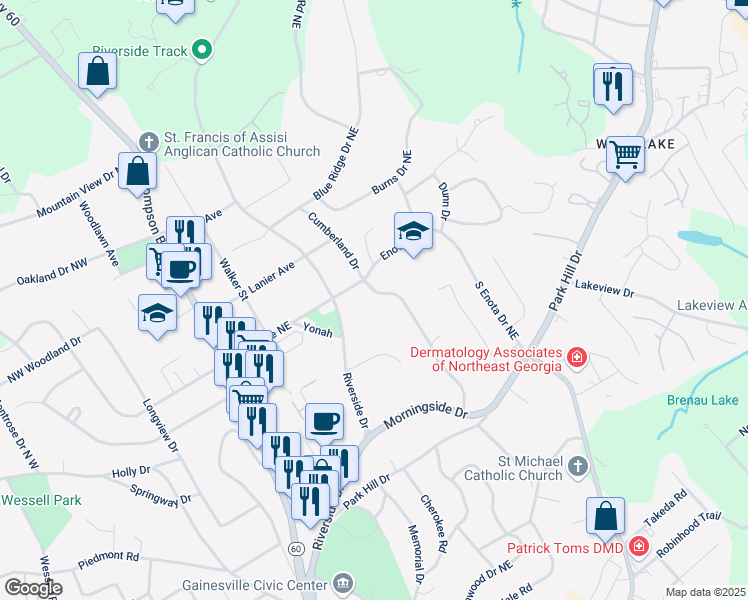 map of restaurants, bars, coffee shops, grocery stores, and more near 1253 Cumberland Valley Road in Gainesville