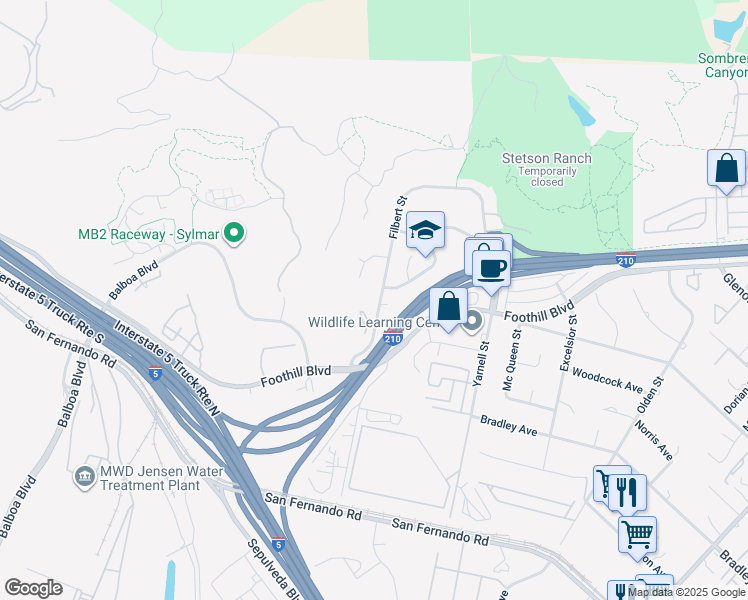 map of restaurants, bars, coffee shops, grocery stores, and more near 16121 Filbert Street in Los Angeles