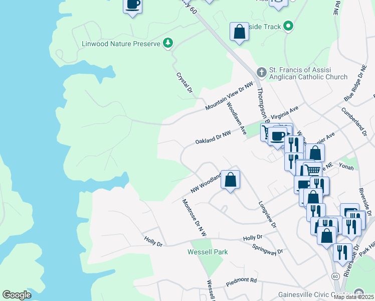 map of restaurants, bars, coffee shops, grocery stores, and more near 397 Oakland Drive Northwest in Gainesville