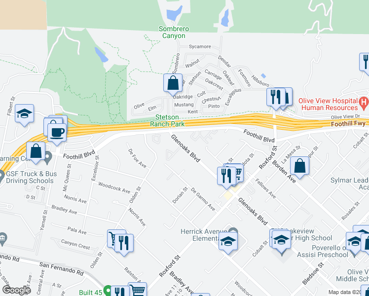 map of restaurants, bars, coffee shops, grocery stores, and more near 13765 Glenoaks Boulevard in Los Angeles