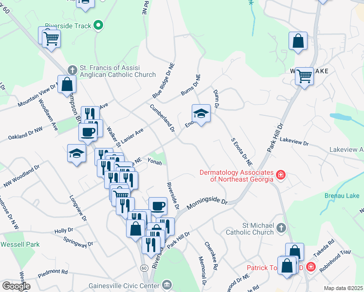 map of restaurants, bars, coffee shops, grocery stores, and more near 1253 Cumberland Valley Road in Gainesville