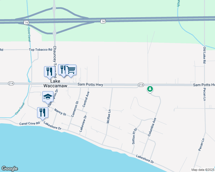 map of restaurants, bars, coffee shops, grocery stores, and more near in Lake Waccamaw