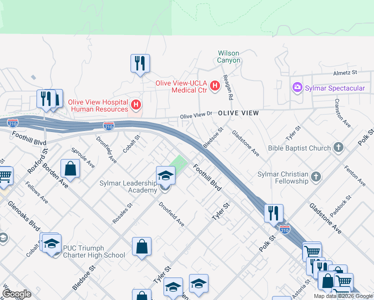 map of restaurants, bars, coffee shops, grocery stores, and more near 14425 Foothill Boulevard in Los Angeles