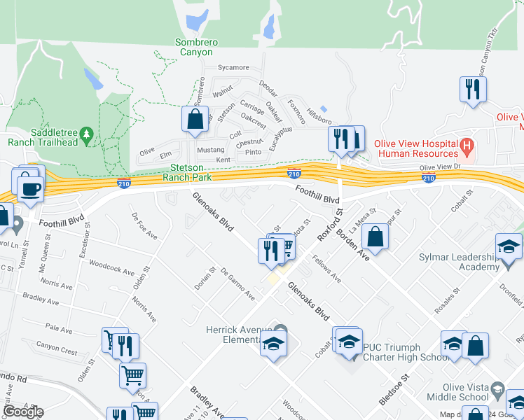map of restaurants, bars, coffee shops, grocery stores, and more near 15227 Dorian Street in Los Angeles