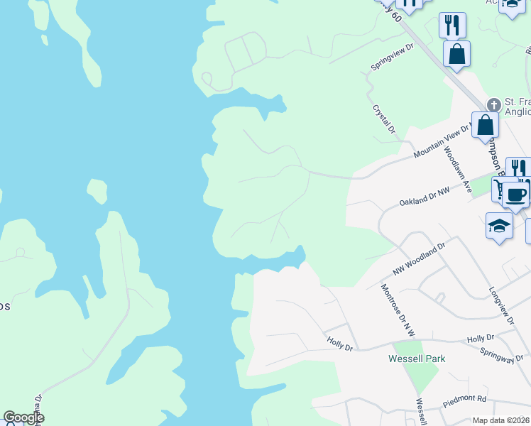 map of restaurants, bars, coffee shops, grocery stores, and more near 680 Honeysuckle Lane in Gainesville