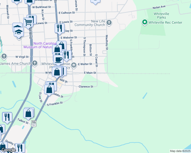 map of restaurants, bars, coffee shops, grocery stores, and more near 704 South Canal Street in Whiteville