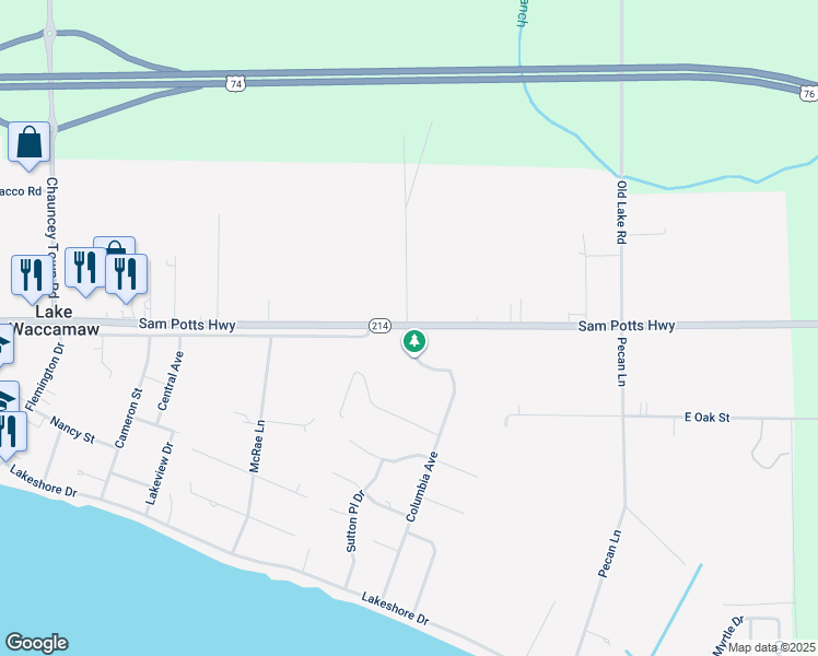 map of restaurants, bars, coffee shops, grocery stores, and more near 100 Schley Avenue in Lake Waccamaw