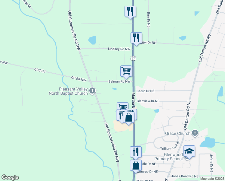 map of restaurants, bars, coffee shops, grocery stores, and more near 716 Old Summerville Road Northwest in Rome