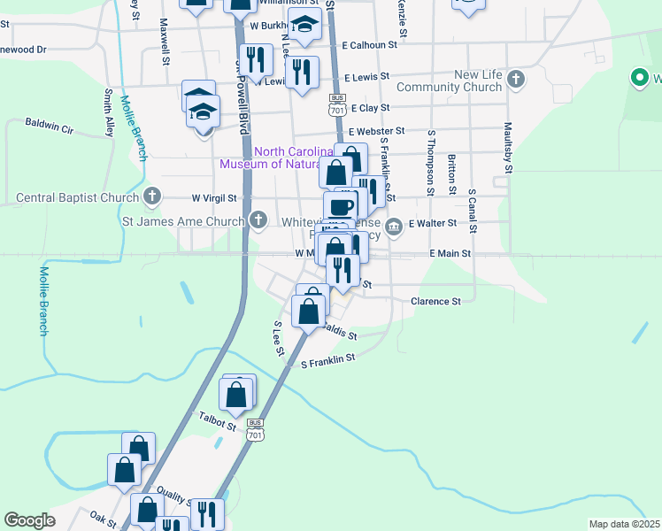 map of restaurants, bars, coffee shops, grocery stores, and more near C E Clifton Lane in Whiteville