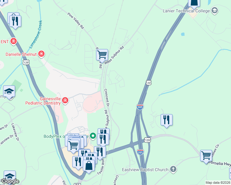 map of restaurants, bars, coffee shops, grocery stores, and more near 490 Crescent Drive in Gainesville