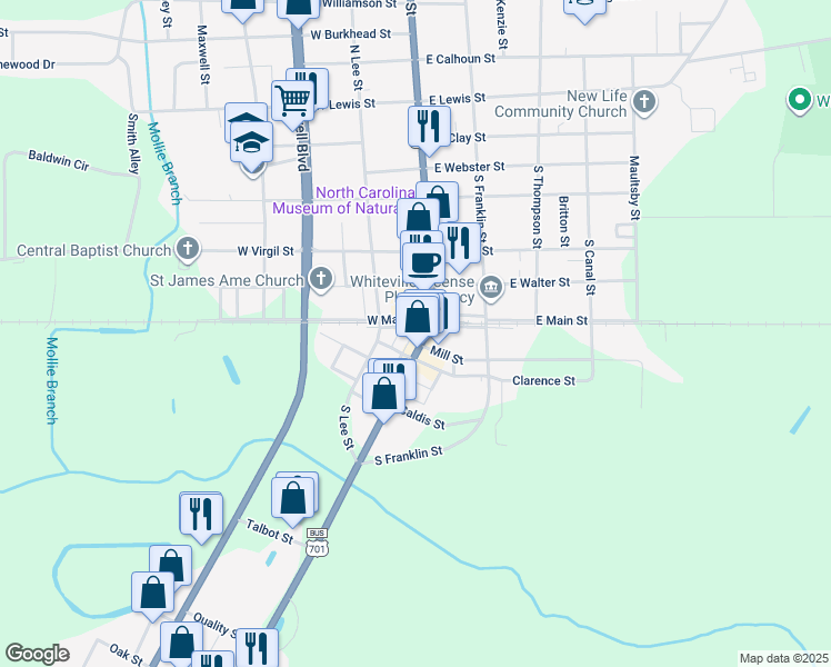 map of restaurants, bars, coffee shops, grocery stores, and more near 718-724 South Madison Street in Whiteville