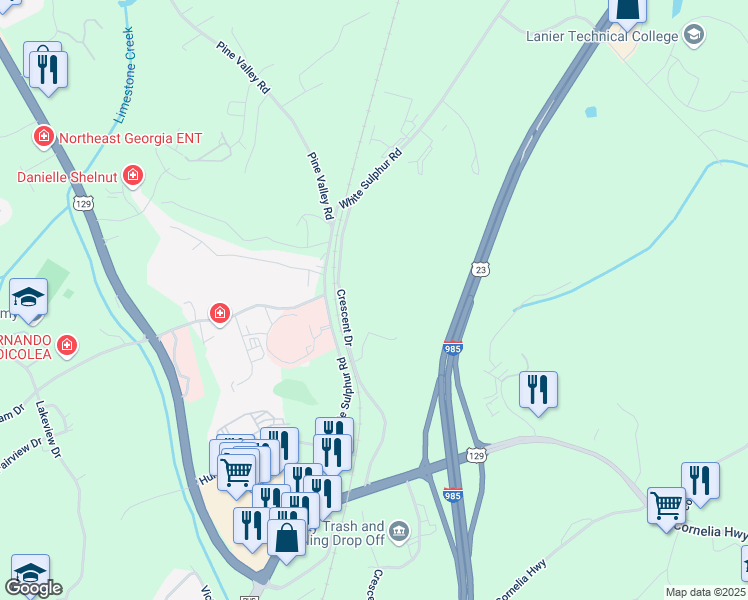 map of restaurants, bars, coffee shops, grocery stores, and more near 490 Crescent Drive in Gainesville