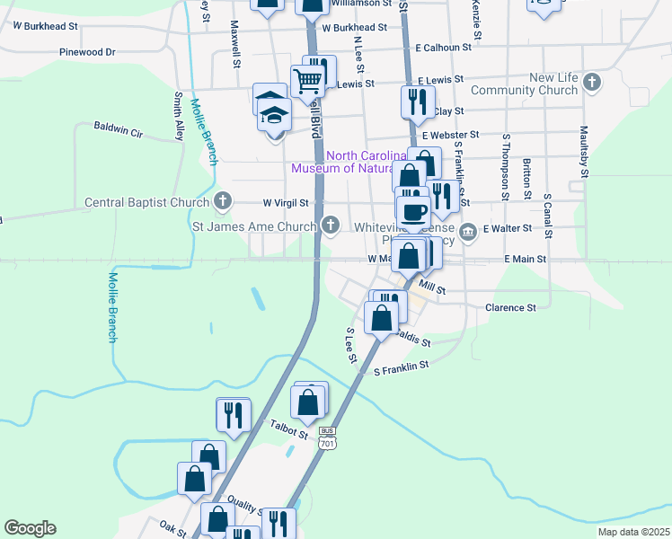 map of restaurants, bars, coffee shops, grocery stores, and more near 230 Magnolia Street in Whiteville