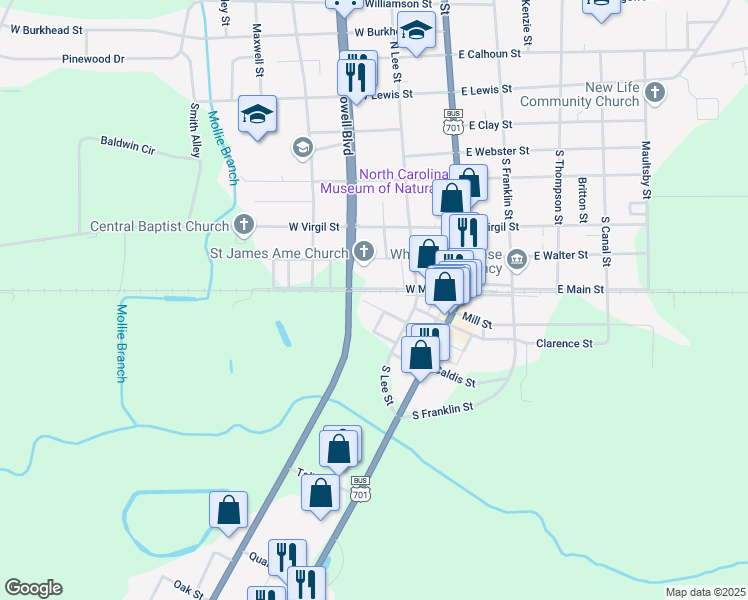 map of restaurants, bars, coffee shops, grocery stores, and more near 230 Magnolia Street in Whiteville