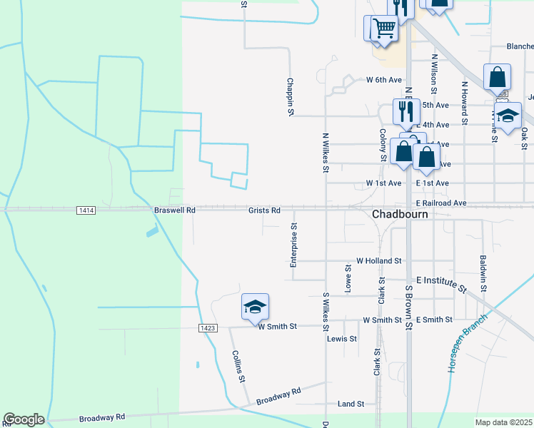 map of restaurants, bars, coffee shops, grocery stores, and more near 543 Grists Road in Chadbourn