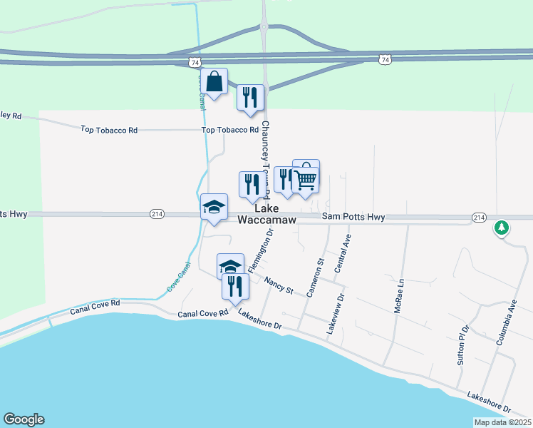 map of restaurants, bars, coffee shops, grocery stores, and more near in Lake Waccamaw