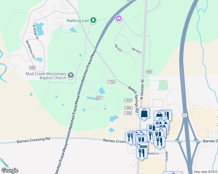 map of restaurants, bars, coffee shops, grocery stores, and more near 147 Free Will Lane in Saltillo
