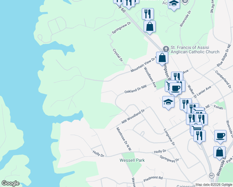 map of restaurants, bars, coffee shops, grocery stores, and more near 396 Oakland Drive Northwest in Gainesville