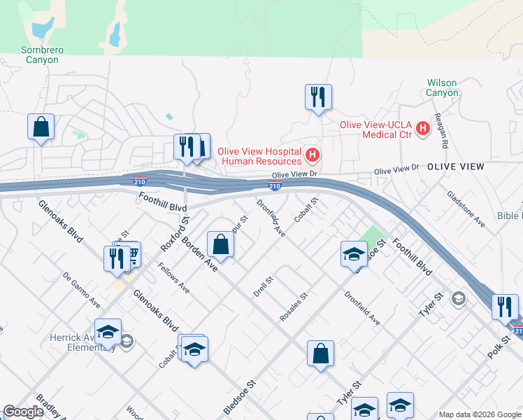map of restaurants, bars, coffee shops, grocery stores, and more near 13761 Dronfield Avenue in Los Angeles