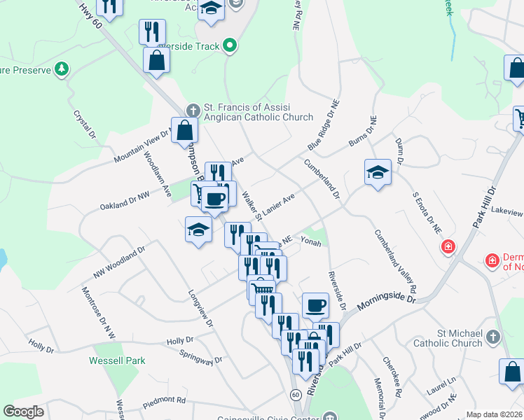 map of restaurants, bars, coffee shops, grocery stores, and more near 1368 Walker Street in Gainesville
