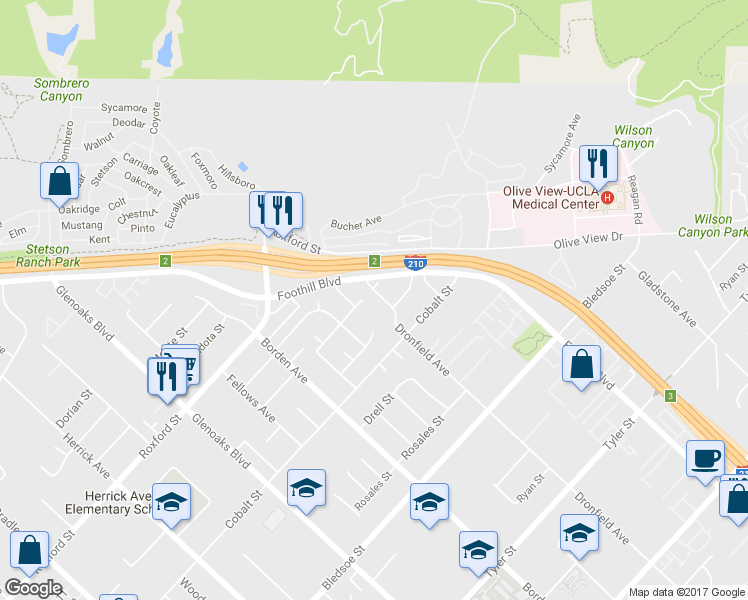 map of restaurants, bars, coffee shops, grocery stores, and more near 13761 Dronfield Avenue in Los Angeles