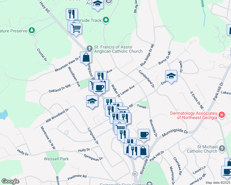 map of restaurants, bars, coffee shops, grocery stores, and more near 1437 Walker Street in Gainesville
