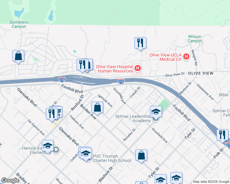 map of restaurants, bars, coffee shops, grocery stores, and more near 13761 Dronfield Avenue in Los Angeles