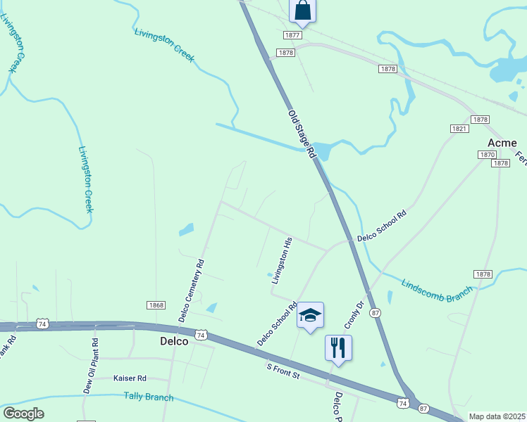 map of restaurants, bars, coffee shops, grocery stores, and more near 38 North Creek Drive in Delco