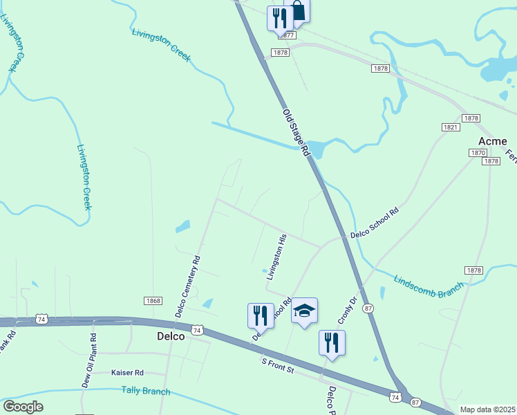 map of restaurants, bars, coffee shops, grocery stores, and more near 38 North Creek Drive in Delco