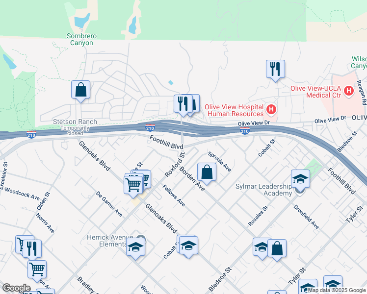 map of restaurants, bars, coffee shops, grocery stores, and more near Foothill Boulevard & Roxford Street in Los Angeles
