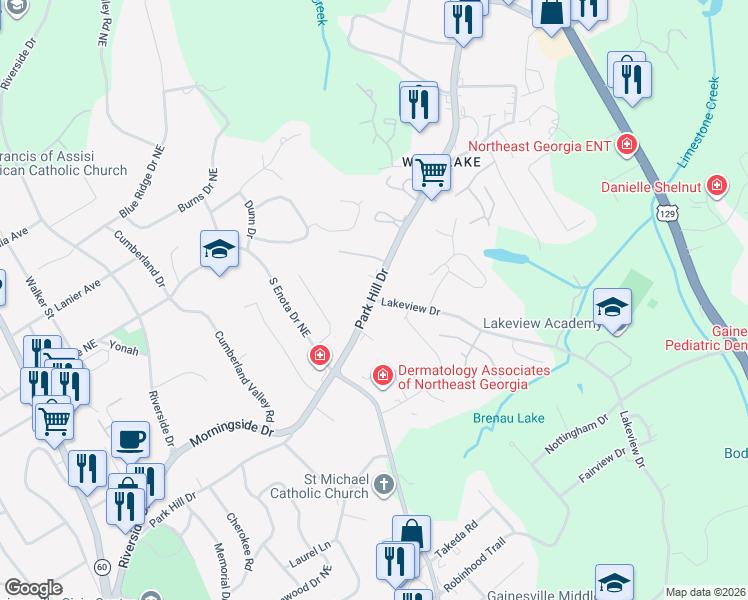 map of restaurants, bars, coffee shops, grocery stores, and more near 3528 Lakeview Drive in Gainesville