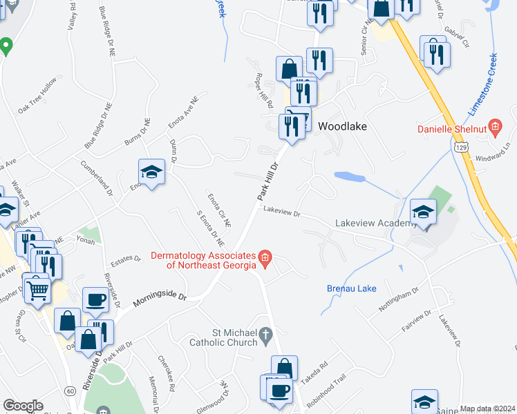 map of restaurants, bars, coffee shops, grocery stores, and more near 3645 Lakeview Drive in Gainesville