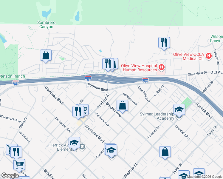 map of restaurants, bars, coffee shops, grocery stores, and more near Foothill Boulevard in Los Angeles