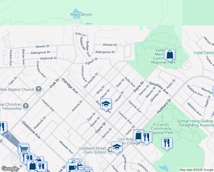 map of restaurants, bars, coffee shops, grocery stores, and more near 13410 Berg Street in Los Angeles