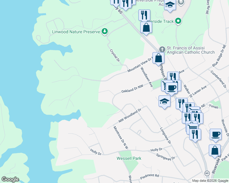 map of restaurants, bars, coffee shops, grocery stores, and more near 354 Oakland Drive Northwest in Gainesville