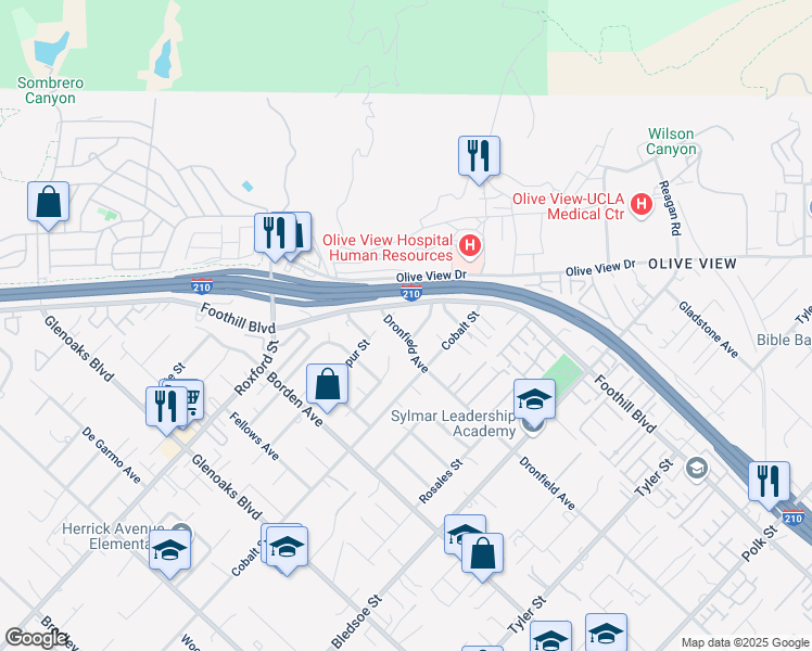 map of restaurants, bars, coffee shops, grocery stores, and more near 14860 Foothill Boulevard in Los Angeles