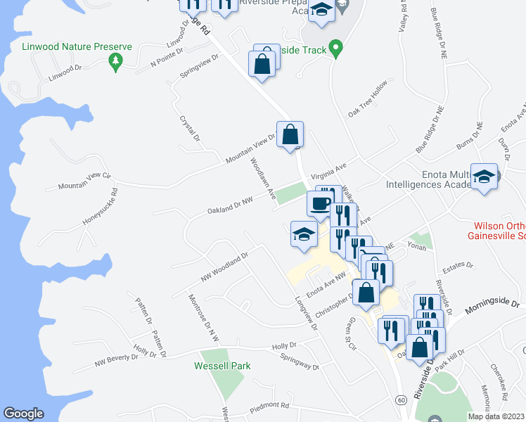 map of restaurants, bars, coffee shops, grocery stores, and more near 226 Virginia Circle in Gainesville