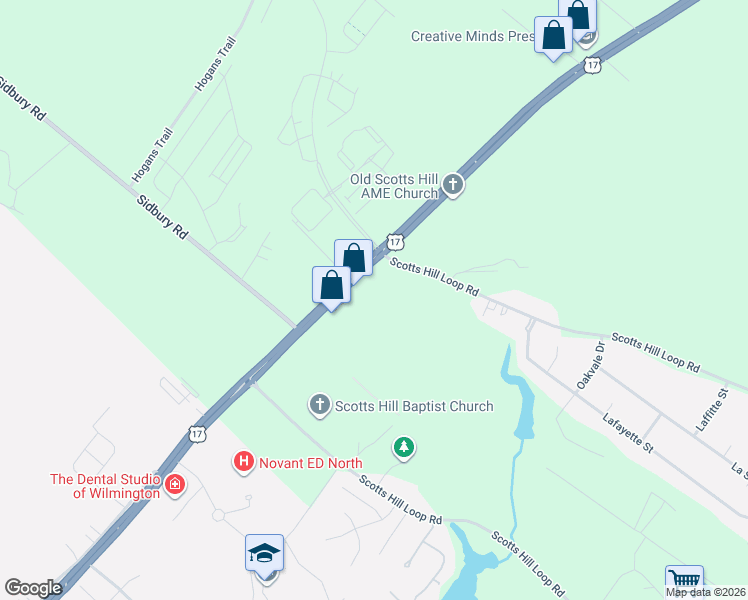 map of restaurants, bars, coffee shops, grocery stores, and more near 10390 U.S. 17 in Wilmington