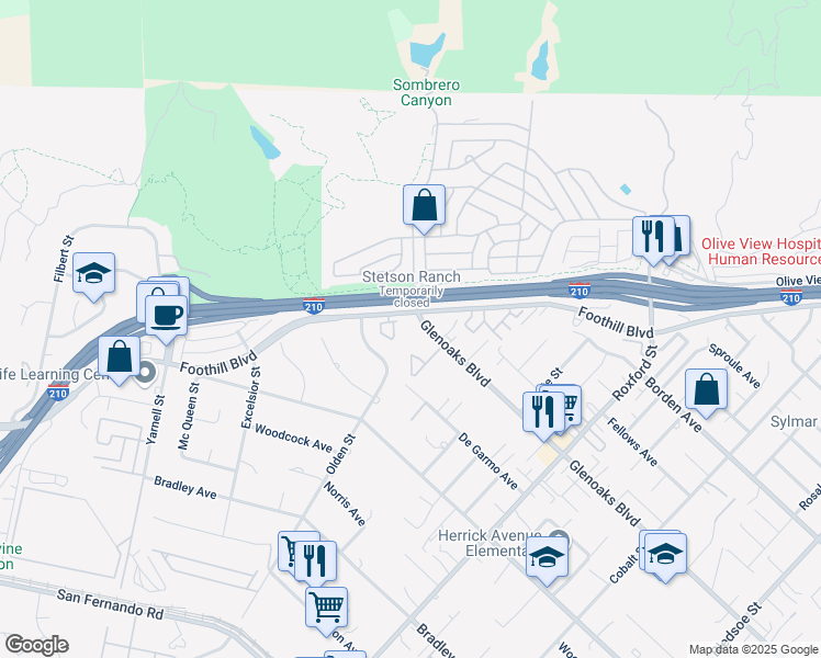 map of restaurants, bars, coffee shops, grocery stores, and more near 15500 Foothill Boulevard in Los Angeles