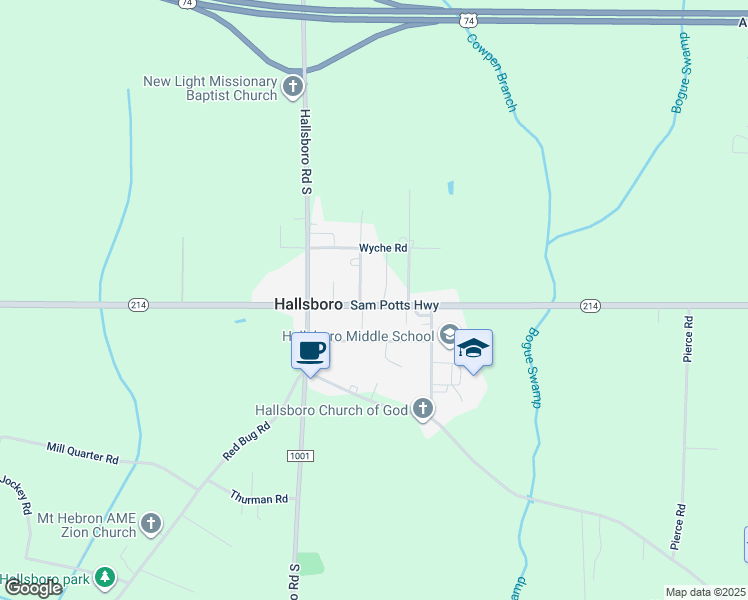 map of restaurants, bars, coffee shops, grocery stores, and more near 4385 Sam Potts Highway in Hallsboro