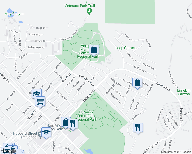 map of restaurants, bars, coffee shops, grocery stores, and more near 12940 Aztec Street in Los Angeles