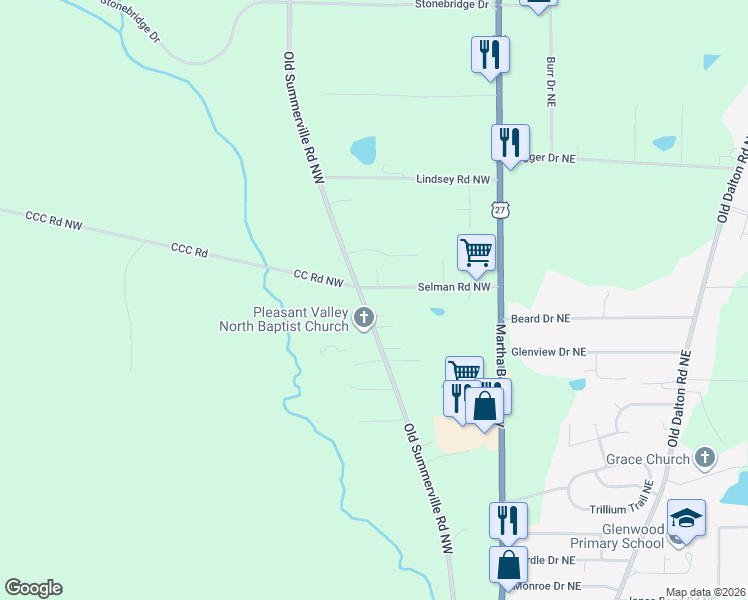 map of restaurants, bars, coffee shops, grocery stores, and more near 155 Selman Road Northwest in Rome